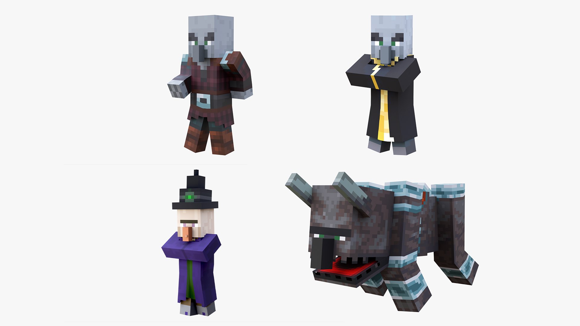 3D model Minecraft Illagers Raid Collection Rigged 3D Model Pack 4K PBR Pillager Evoker Ravager Witch https://p.turbosquid.com/ts-thumb/NY/V9TJZs/jm/pillagerbundle1/png/1788366413/1920x1080/fit_q87/9d8cfec5ebd5f54149382e3a4fc22e6fb3449389/pillagerbundle1.jpg