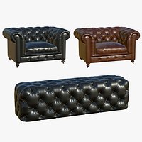 Chesterfield Leather Sofa With Realistic Ottoman