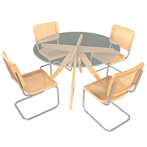 Anders Round Glass-Top Dining Table and Marcel Breuer Cesca Replica Cantilever Dining Chairs 3D model