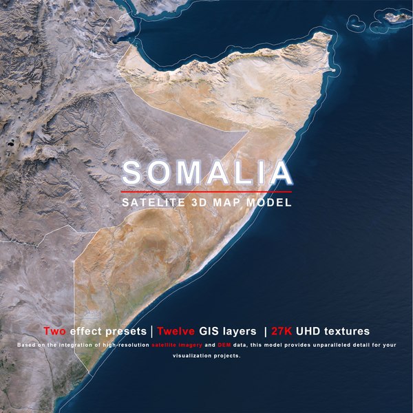 Somalia-Karte – 27K Realistisches Satellitengelände – Höhenangaben 3D ...