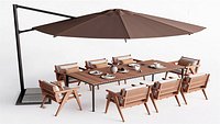 Outdoor Wooden Dining Set with 8 Chairs Rectangular Table and Cantilever Umbrella