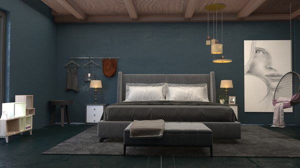 3D Modern Living Bedroom Interior Scene