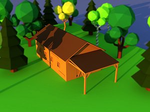 3D Cute cartoon village wooden livestock barn Low Poly