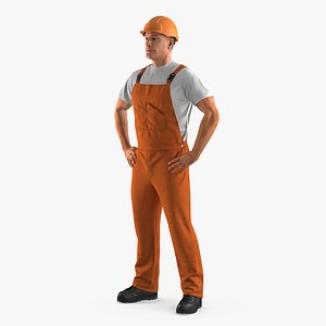 3d worker orange overalls hardhat