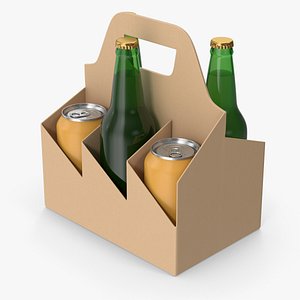 Beer Bottles And Cans In Bottle Carrier 3D model