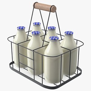 Skimmed Milk Bottles with Foil Top in Carrying Case 3D model