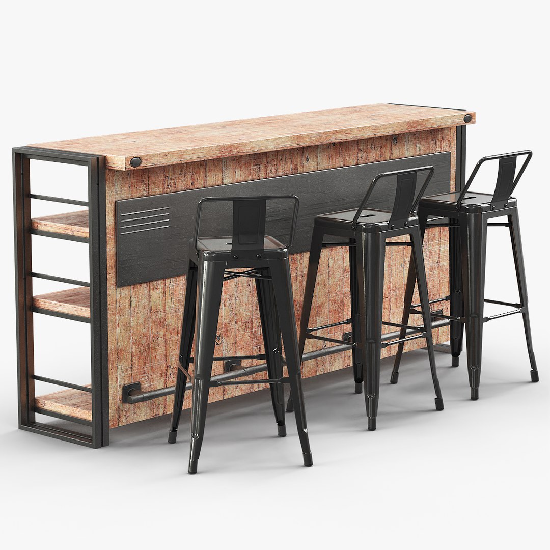 Industrial Bar Counter with Metal Bar Stools 3D model preview