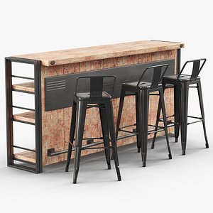 Industrial Bar Counter with Metal Bar Stools 3D model