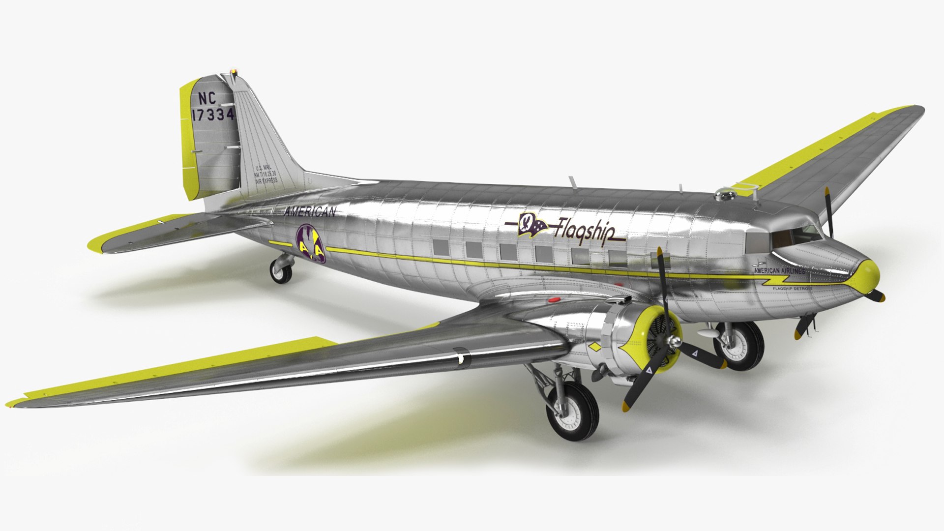 Vintage Propeller Aircraft Douglas DC-3 Rigged for Maya 3D model preview