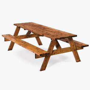 Wooden Picnic Table with Attached Benches