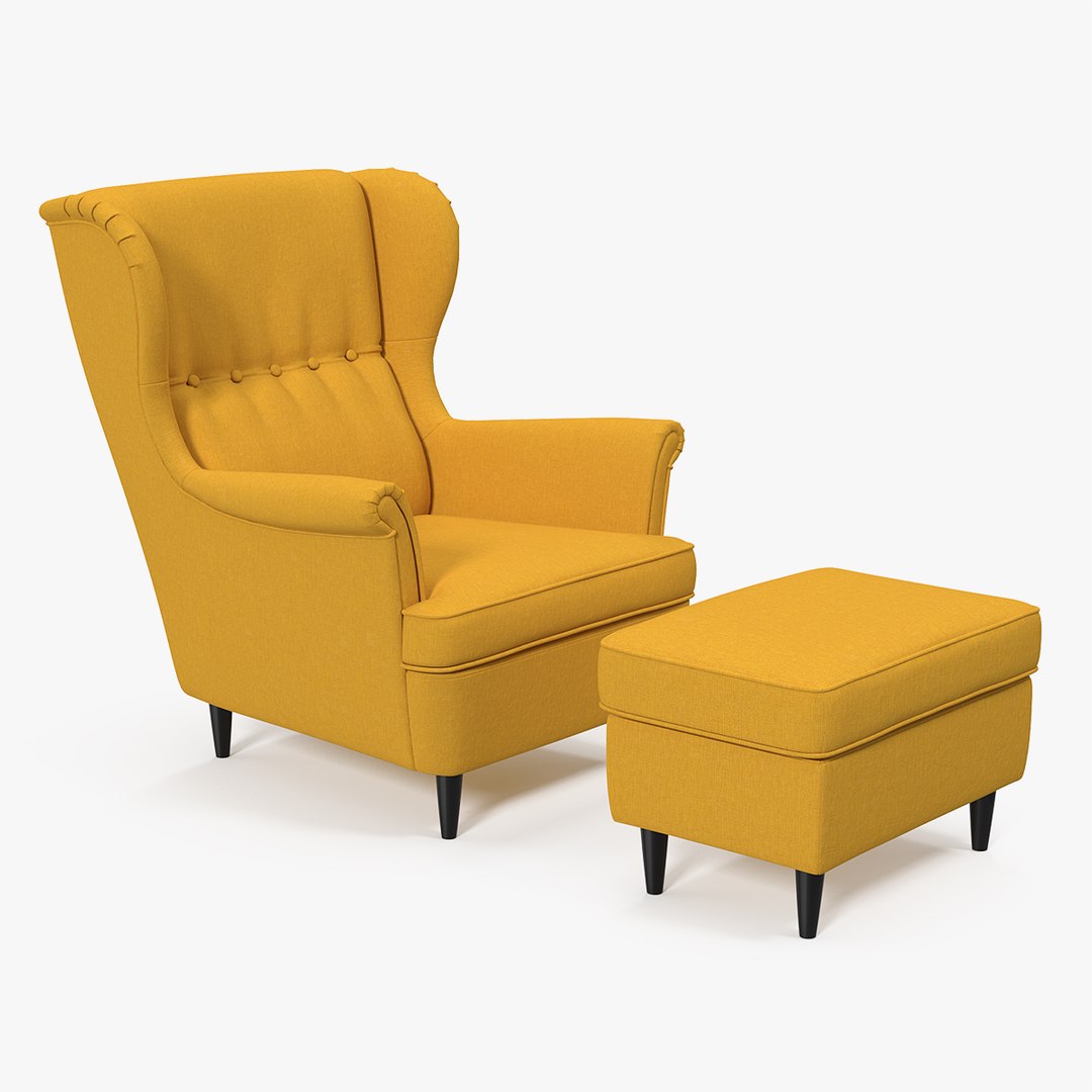 Strandmon Yellow Wing Chair with Puff 3D model preview