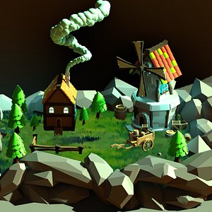 Enchanting stylized Windmill and Cottage Scene model