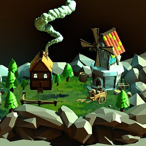 Enchanting stylized Windmill and Cottage Scene