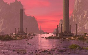 3D Fantasy Sunset Sea  Towers