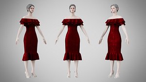 Dress 17 Burgundy Velvet With Design 3D model