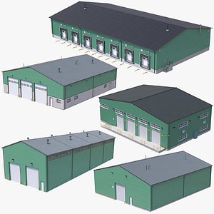 5 Green Industrial Buildings Collection PBR 3D model