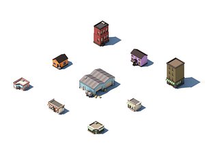 Low Poly Set of City Street Buildings