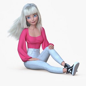 Cartoon Girl Blonde Casual Sitting Pink