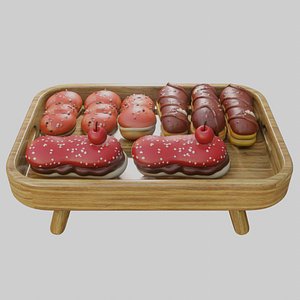 Eclair pastries and wood tray pack 1 3D model