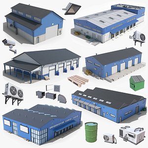3D Blue Industrial Buildings And Props Collection