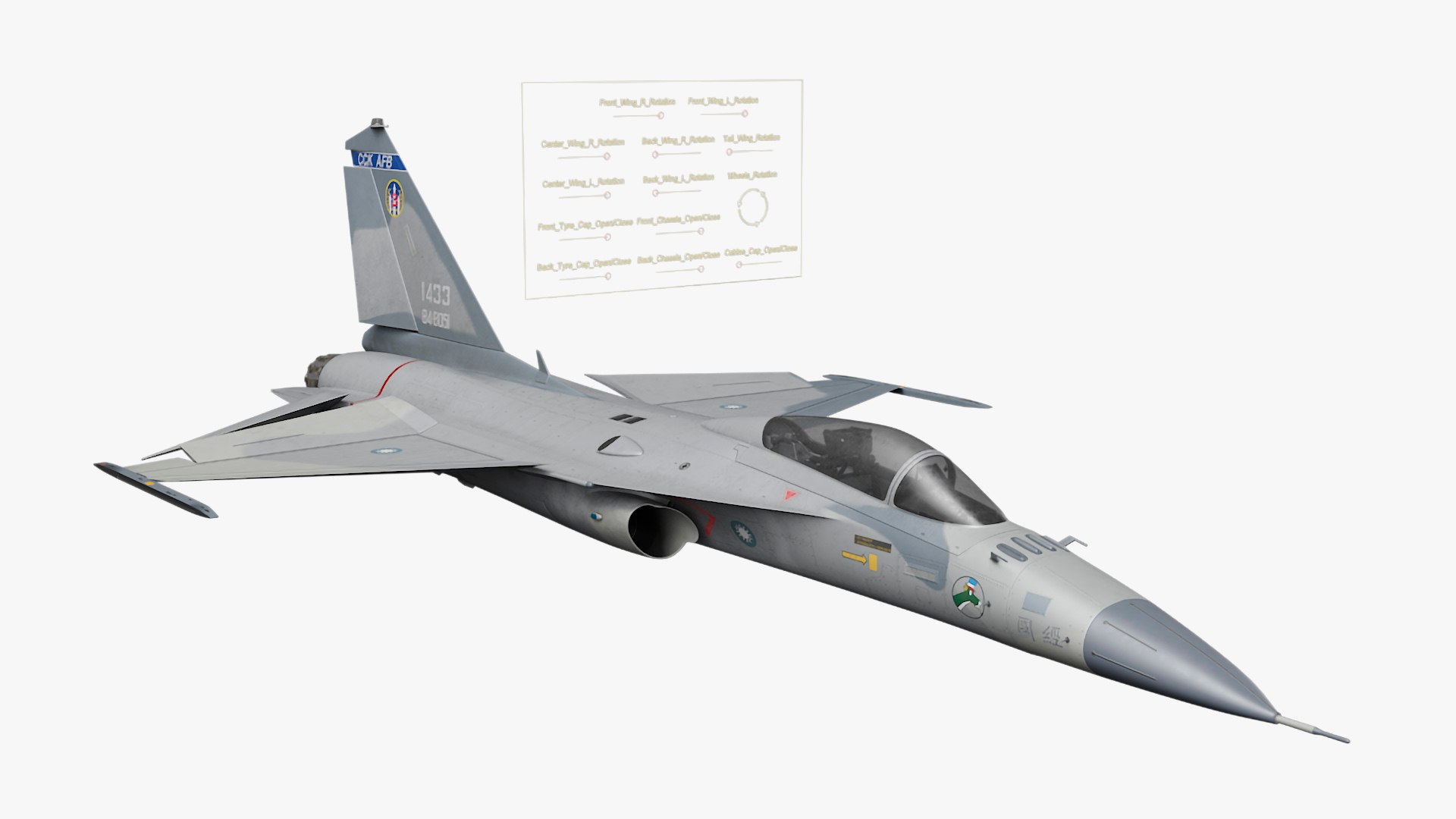 Unarmed Fighter Jet AIDC F-CK-1 Rigged 3D https://p.turbosquid.com/ts-thumb/Nn/j4hBG6/eV/unarmedfighterjetaidcfck1riggedvray3dmodel008/jpg/1724855591/1920x1080/fit_q87/52c2fabaefd813f98b1aea5b5ffc1423f2e47461/unarmedfighterjetaidcfck1riggedvray3dmodel008.jpg
