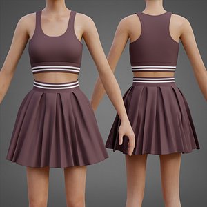 Two Piece Activewear Co-Ord Outfit - Sports Bra  Pleated Skater Skirt Clothing 3D model