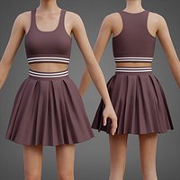 Two Piece Activewear Co-Ord Outfit - Sports Bra  Pleated Skater Skirt Clothing