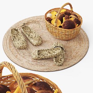 Two Pairs of Bast Shoes and Rustic Mushroom Basket model