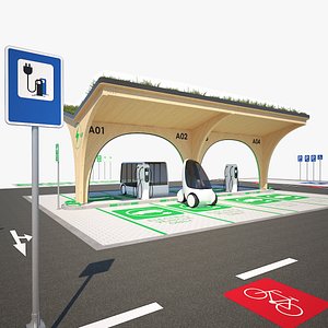 3D EV Charging station - EV futuristic vehicles - road symbols model