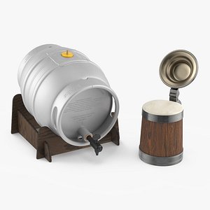 Barrel of Beer with Full Antique Silver and Oak Mug