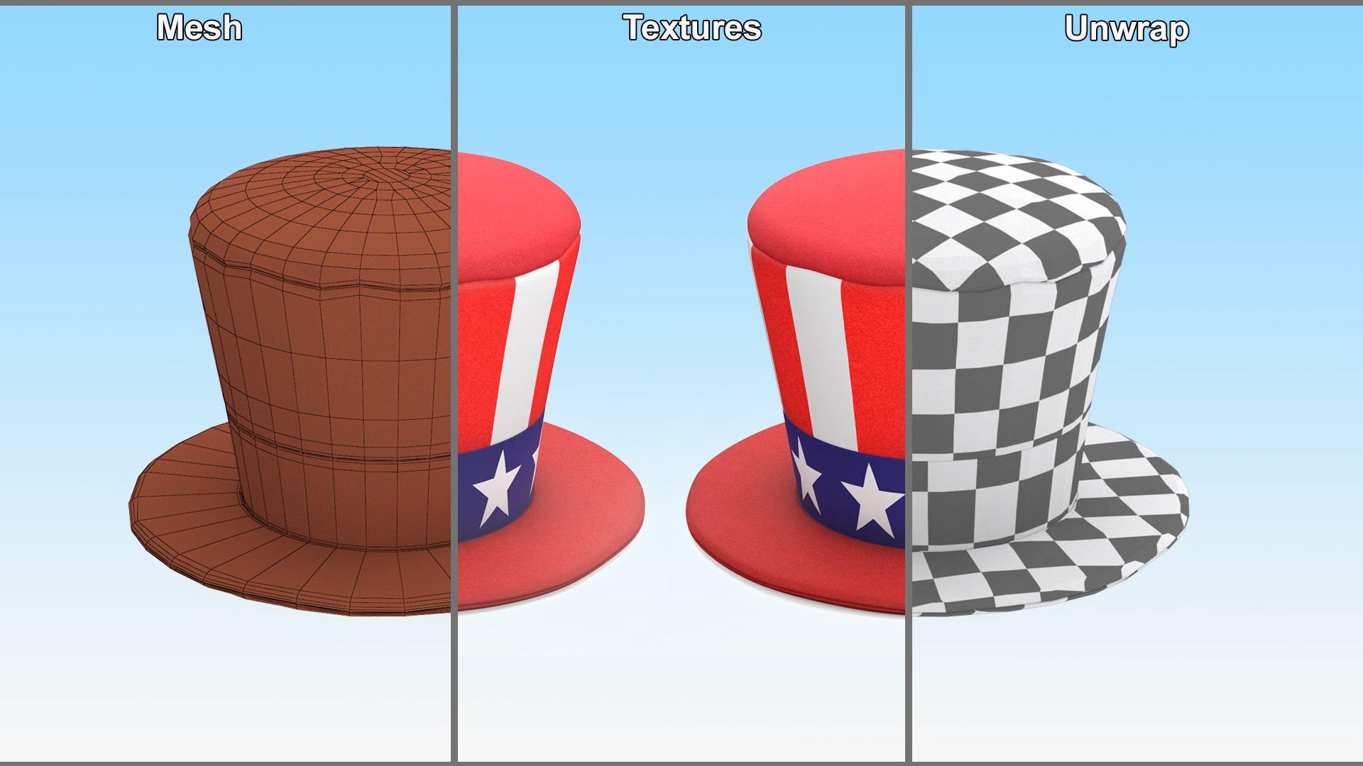 Patriotic American Top Hat 3D model https://p.turbosquid.com/ts-thumb/Nt/H2U8wz/AA/patrioticamericantophatvray3dmodel010/jpg/1669926254/1920x1080/fit_q87/0f03cbc14cba62ebf98bcf0a17a34eb69f65807f/patrioticamericantophatvray3dmodel010.jpg