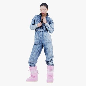 3D model Asian Woman Wearing Jeans Salopet 001 Remastered
