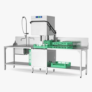 3D Commercial Dishwasher with Dishes Rigged model