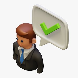 Cartoon man bust with talk bubble and checkmark