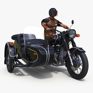 3D Biker in Helmet on Ural M70 Motorcycle with Sidecar