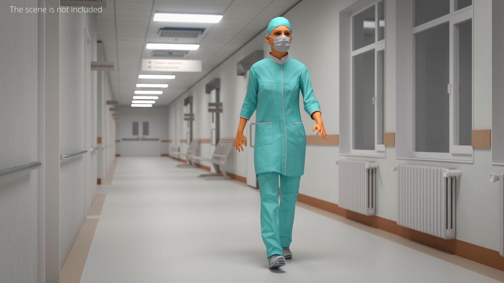 Hospital Staff Woman T Pose Turquoise Fur Rigged for Maya 3D model preview
