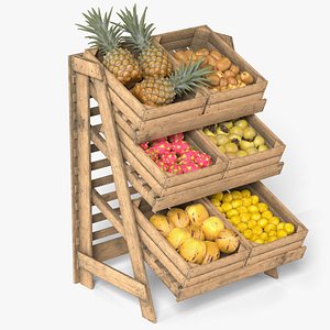 Fruits Large Wooden Rack and Crate with Fruits v4 model
