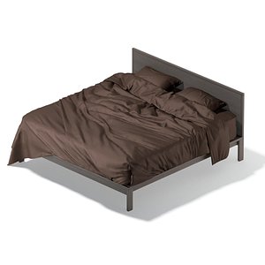 Brown Wooden Double Bed - king size bedding with pillow and mattress 3D