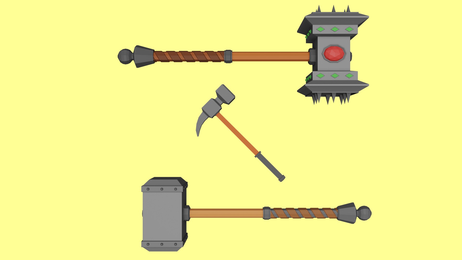 3D weapon pack https://p.turbosquid.com/ts-thumb/O4/e3Xo05/3d/lpp_allhammers/jpg/1613085514/1920x1080/fit_q87/5fddf22c9ee45435bc1f22354c84498ebd786889/lpp_allhammers.jpg
