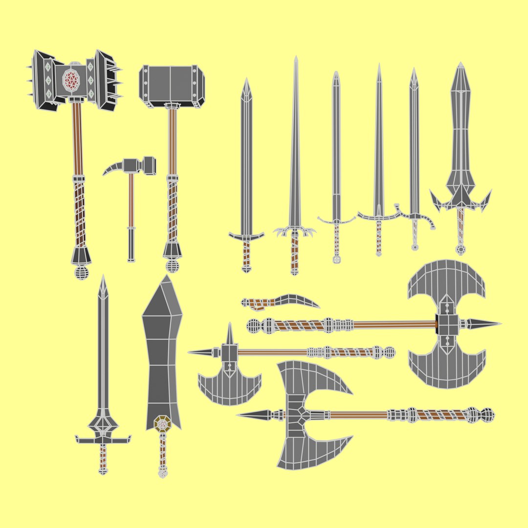 3D weapon pack https://p.turbosquid.com/ts-thumb/O4/e3Xo05/KH/wireframe_with/jpg/1610473968/1920x1080/fit_q87/c8ea12fa41604ae12b20ffac0f8c3d538e62bdb3/wireframe_with.jpg