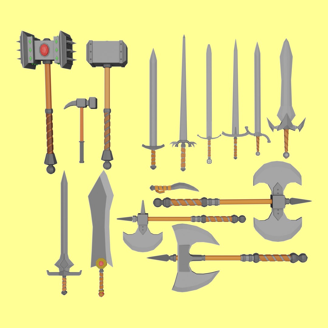 3D weapon pack https://p.turbosquid.com/ts-thumb/O4/e3Xo05/WL/wireframe_without/jpg/1610473968/1920x1080/fit_q87/46417b1d58c33a4075fb478053a2d8db007a41ed/wireframe_without.jpg