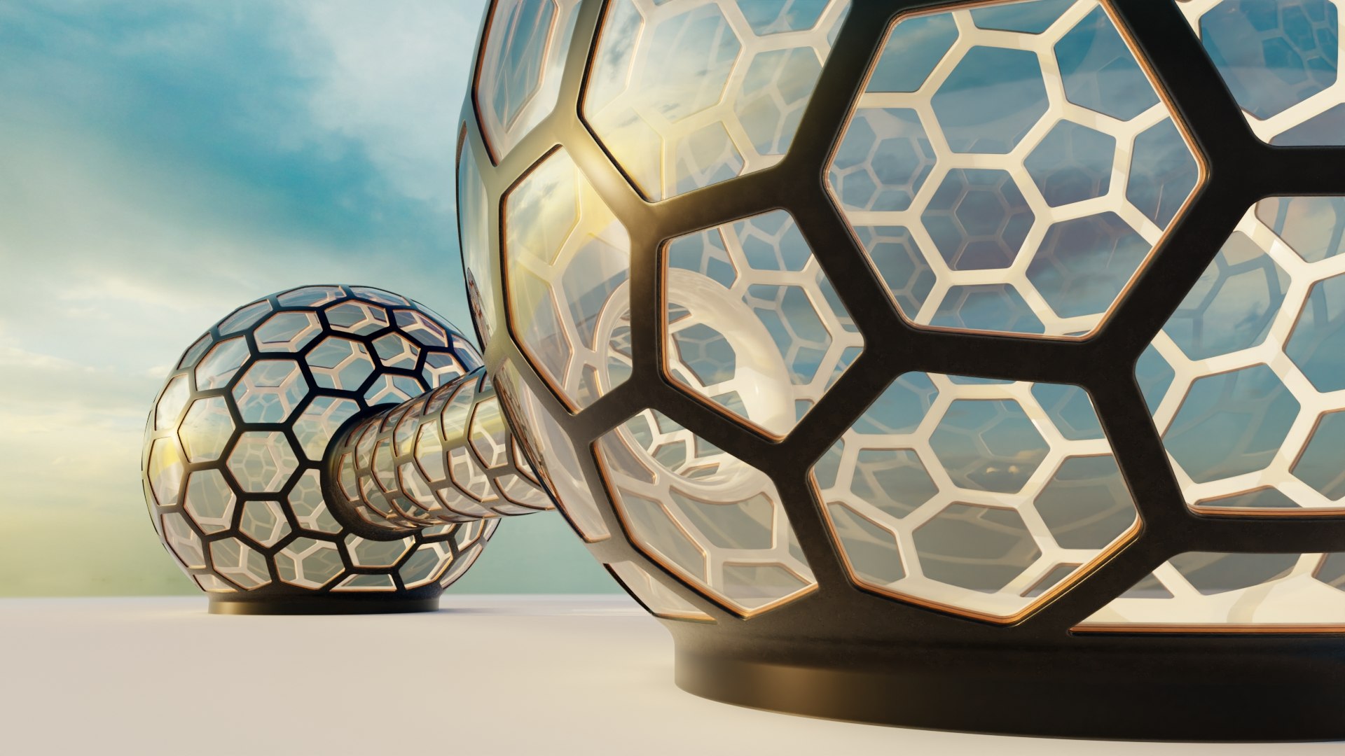 2 Glass Hexagon Sci Fi Spherical Domes With Walkway 3D Model ...