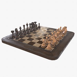3D Realistic Worn Wooden Chess Set - PBR Ready