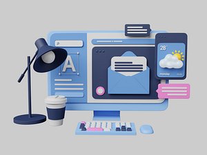 Computer with Office Life Work 3D Illustration