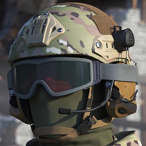 3D Tactical Gear Helmet Green Camo with Goggles Fur for Cinema 4D model