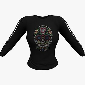 3D model T-shirt With Ripped Cut Out Long Sleeves And Rhinestones