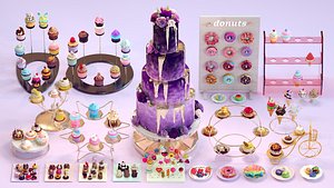 Sweet Dessert Pack Donuts Cupcakes Cake Ice Cream Candy Low-poly 3D model