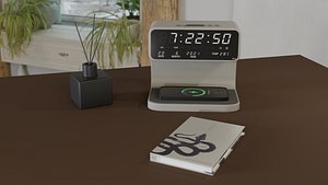 Modern digital alarm clock with wireless charger and desk decor set model
