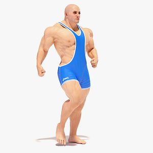 Athletic Male Running Pose in Asics Blue Singlet