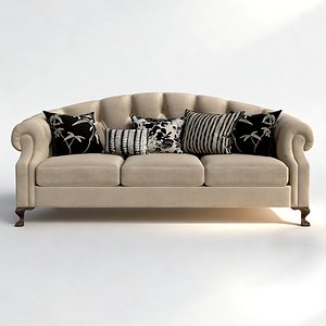 Classic American Style Long Sofa Upholstered Couch 3D Model 3D model